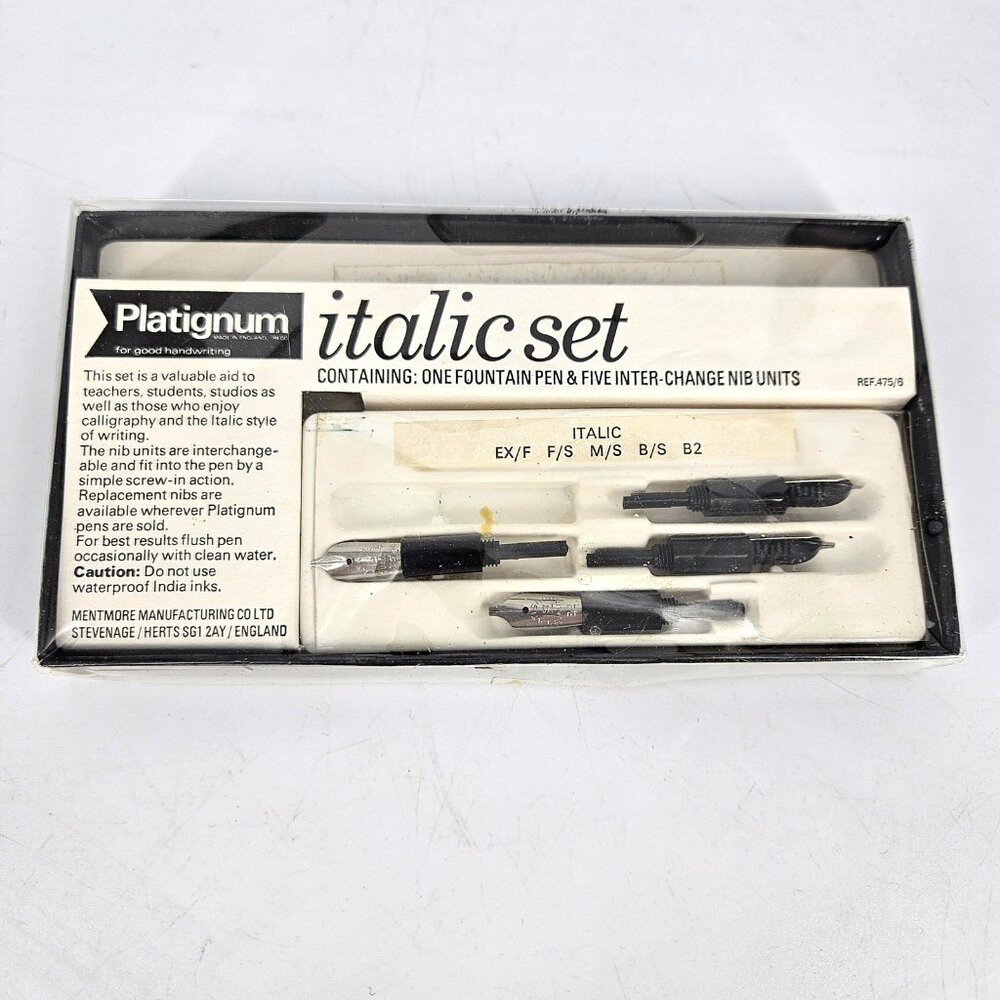 Vint Platignum Italic Fountain Pen Set Black 4 Interchange Nibs Only Calligraphy